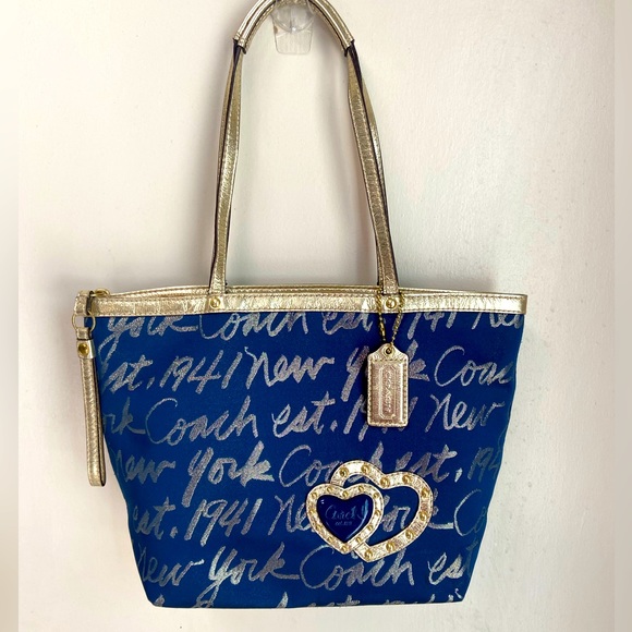Coach Handbags - Coach Lurex Navy Gold New York script heart shoulder bag